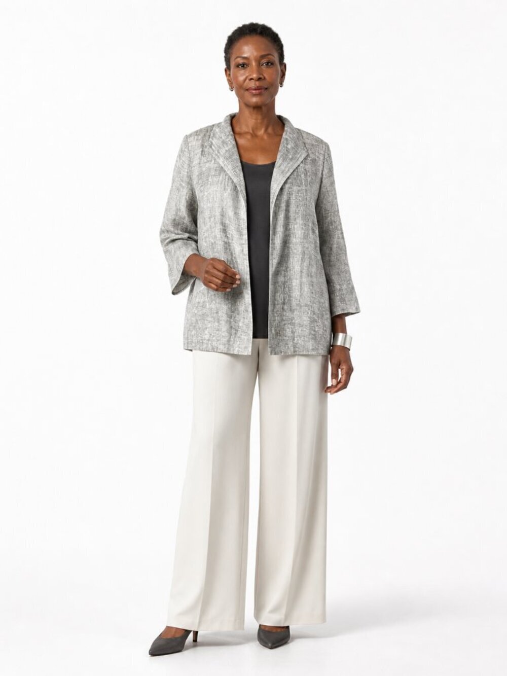 Eileen Fisher Silver Funnel Neck Jacket Textured Silk Lined Open Front Size M